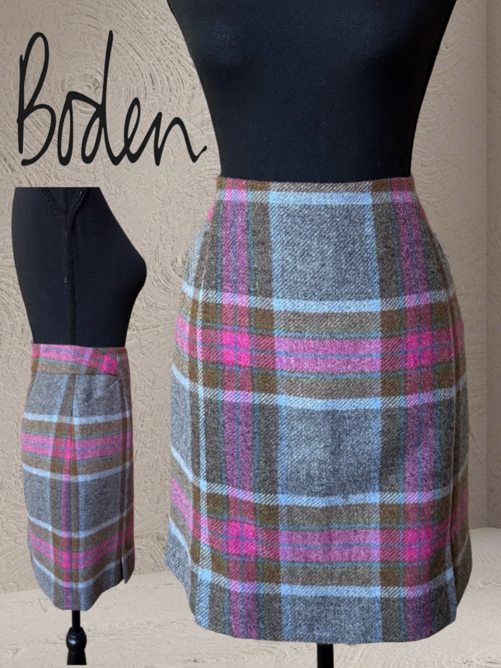 BODEN British Tweed by Moon Plaid Wool Skirt Pockets Lined Gray Pink Multi (8R)